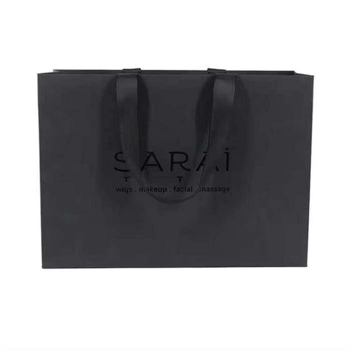 Custom Printing Hot Foiled Logo Recycle Gift Printed Shopping Black Paper Bag With Ribbon Handle Packaging Paper Bags